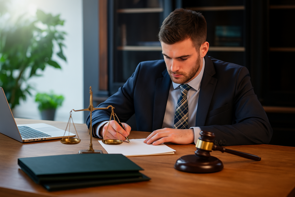 Abogado en Logroño redactando documentos legales en su despacho profesional.