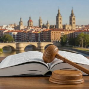 Abogado Logroño: Libros de leyes con el skyline de Logroño.